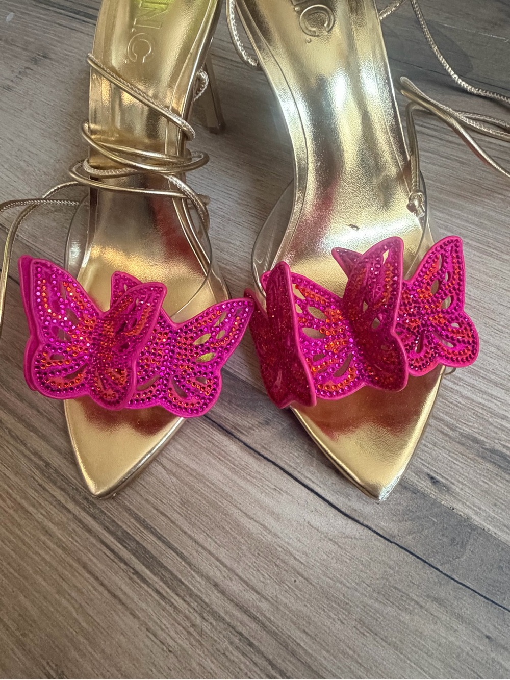 INC International Concepts Gold Lace-Up Heels with Hot Pink Butterfly Appliqués - Picture 5 of 5